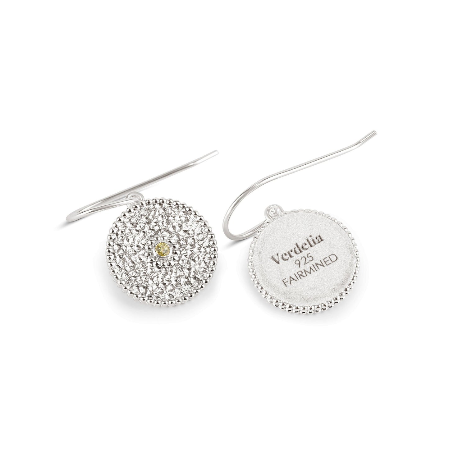 Fairmined Silber Hängeohrringe, liegend – mit gelbem Saphir und Gravur „Verdelia 925 Fairmined